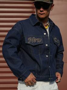 DAZY Men's Short Denim Jacket With Letter Embroidery, Navy Blue, Spring/Autumn - Blue - View 6