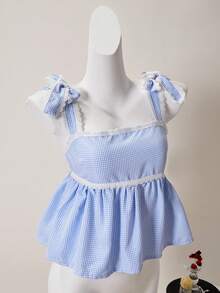 Reset Phase 少女休闲日常时尚蓝白格子荷叶边衬衫，配蝴蝶结肩带，适合外出和日常穿着 - 白色 - 查看 3