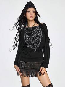 ROMWE Grunge Punk 暗黑朋克印花露肩长袖T恤，配系带，百搭叠穿上衣 - 黑色 - 查看 5