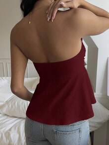 CovetEZ 酒红色针织可爱系带抹胸上衣 - 酒紅色 - 查看 3