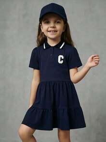 Casuvi Kids 2025年返校季儿童大学校园运动装，女童字母刺绣撞色包边荷叶边下摆高领宽松连衣裙