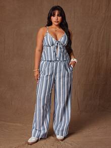 Rustia 2pcs/Set Fashionable Vacation Camisole Top And Straight Leg Contrast Striped Pants - Multicolor - View 1