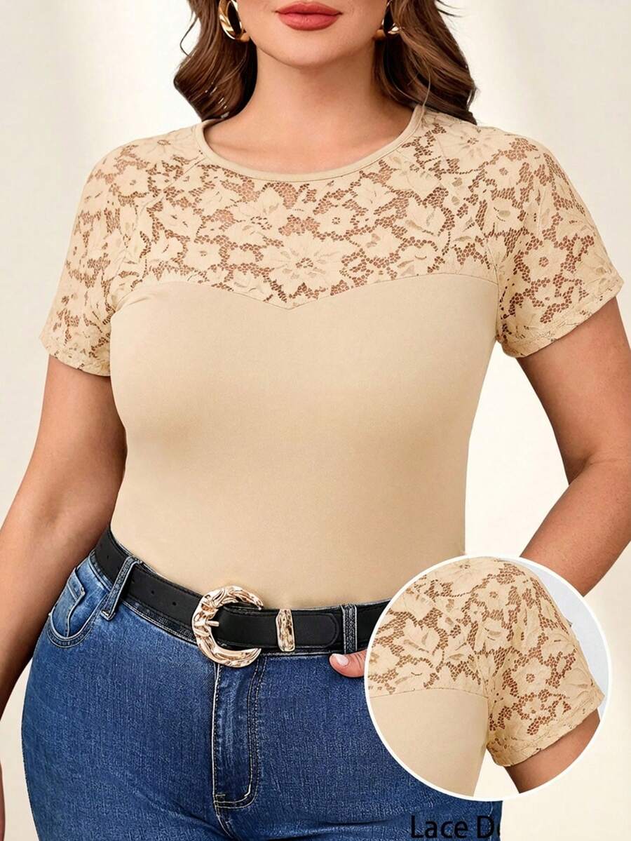 Reflora Plus Size Elegant Round Neck Contrast Lace T-Shirt - Apricot - View 1
