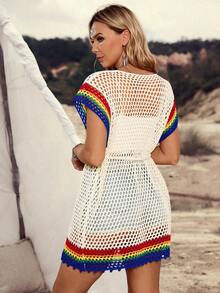 SHEIN LilyWest 女士波西米亚彩虹钩针系带镂空针织开衫，度假风 - 杏色 - 查看 2