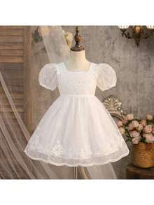 少女优雅可爱夏季网纱刺绣图案短袖连衣裙 - 白色 - 查看 5