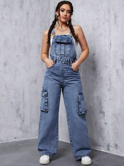 Monos de Denim Cargo de Color Azul para Mujer, Pantalones Casuales Amplios