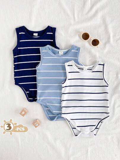 SHEIN Vintaside Kids 3pcs Baby Unisex Summer Casual 3 Pieces Set - Bodysuit, White, Black, Heather Gray, Soft & Comfortable Fabric, Suitable For Vacation, Travel, School, Daily Gatherings, Spring/Summer Occasions