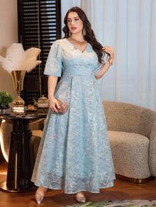 Modelyn Plus Size Women Elegant Embroidered Cinched Waist Dress - Blue - View 2