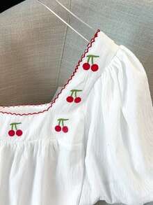 GlowEve CURVE Plus Size Women's French Square Collar Cherry Embroidery Ruffle Trim Contrast Color Lantern Sleeve Blouse, Suitable For Spring/Summer - White - View 3