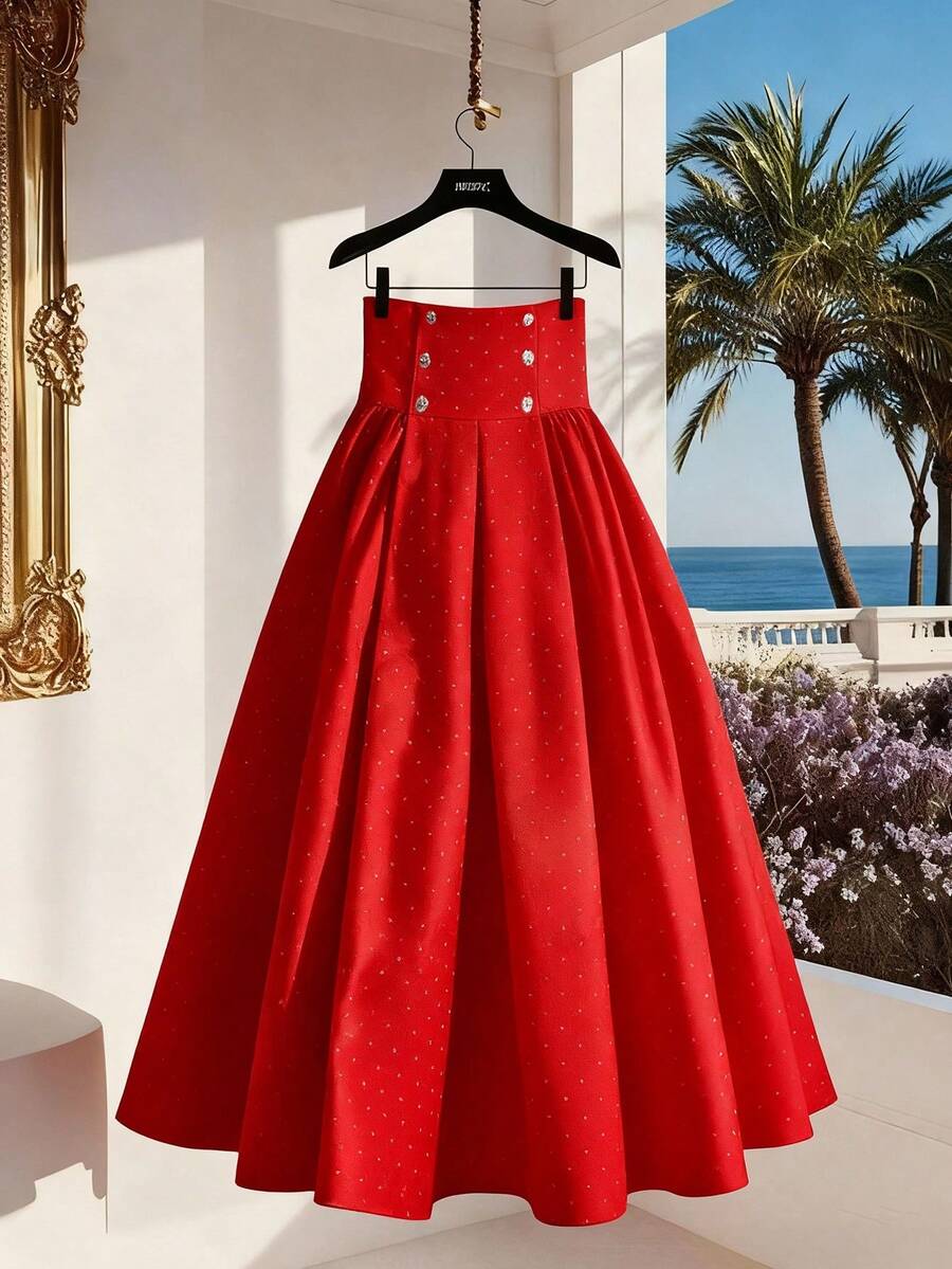 SHEIN Franclia Women's High-Waisted Midi Skirt, Women's Printed Midi Skirt With Buttons, Red And White Polka-Dot Chinese-Style Romantic Date Midi Skirt Dress, Women's Chinese-Style Summer/Spring/Autumn Polka-Dot Printed Red/White Polka-Dot Midi Skirt, Beach Vacation Atmosphere Midi Skirt, Women's High-Waisted Polka-Dot Summer New Arrivals, Simple Midi Skirt With Elegance. - Red and White - View 1