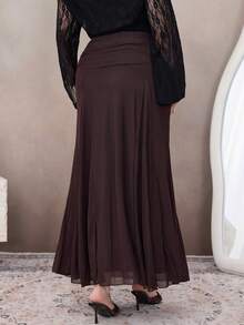 Modelyn 大码女式优雅休闲不对称网纱裙 - 咖啡棕 - 查看 2