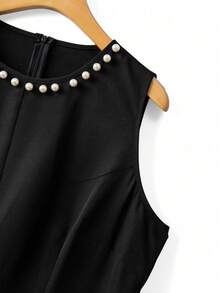 GlowEve CURVE 2pcs Plus Size Women Elegant Black Contrast Pearl Beaded Trim V-Neck Long Sleeve Cardigan Jacket And Round Neck Pearl Embellished Maxi Dress Set, Suitable For Autumn/Winter Casual, Commute, Party - Light Grey - View 3