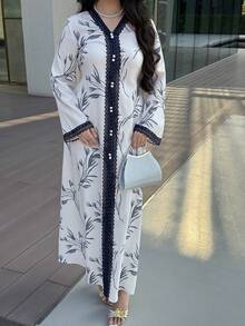 Yasmyna 女士花卉撞色蕾丝V领长袖优雅阿拉伯连衣裙 - 彩色 - 查看 7