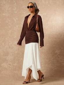 Lumalex Vestido de mujer de manga larga con cuello y bloque de color elegante - Marrón - Ver 11
