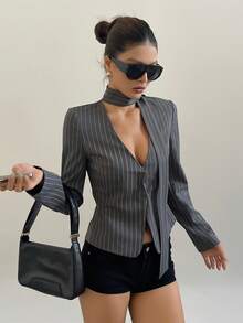 DAZY V-Neck Striped Waist Cinched Elegant Office Lady Shirt - Grey - View 1