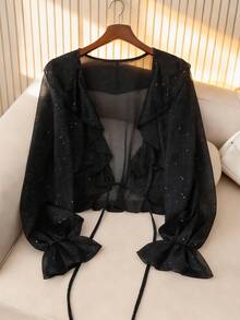 GlowEve 女士荷叶边系带喇叭袖薄纱优雅派对休闲通勤时尚法式百搭假日商务黑色轻薄长袖开衫，早春/春夏