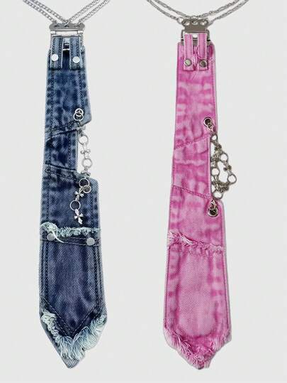 ROMWE Grunge Punk 2件套蓝粉Y2K千禧辣妹多眼十字金属装饰粗边拼接复古简约情侣领带组合，适合大学、购物、通勤、聚会等场合。