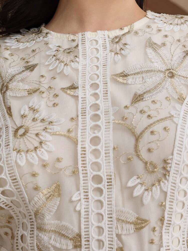 Elegant Lace Trim Short Sleeve Dress, Youthful And Refined Mini Dress Wedding Guest Dress Sundress - Gold - View 6