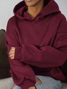 SAYEHFBABY Tenues d'été Femmes sweat-shirt à capuche simple et décontracté de couleur unie à manches longues pour l'automne et l'hiver, sans cordon de serrage, oversize - Fushia - Voir 3