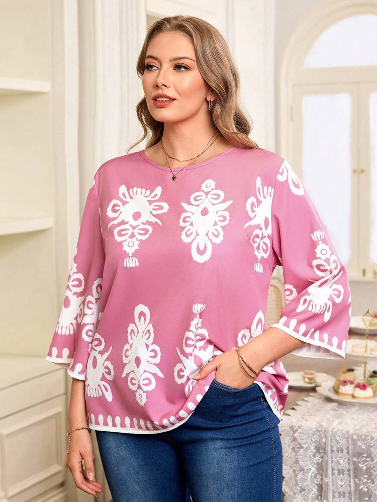 Plus Size Casual Retro Print Round Neck Shirt/Vacation/Summer/Spring Boho Tops For Women Boho Blouse  Elegant Dress Women
