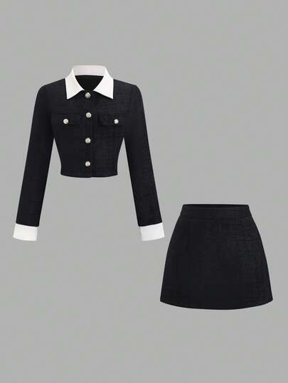 Sweetra 女士优雅通勤撞色短款上衣和半裙两件套