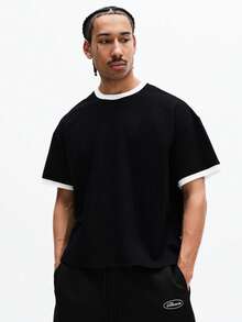 SUMWON Camiseta básica de manga corta con cuello redondo y detalles de contraste en blanco, de algodón, de corte regular, para uso diario, para hombre - Multicolor - Ver 4