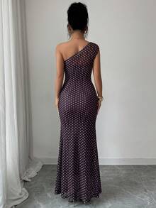 Rafferiza Elegant Fitted One Shoulder Asymmetric Neckline Sleeveless Front Metal Buckle Tie Chiffon Polka Dot Print Brown Base White Dot Dress, Spring - Red and White - View 2