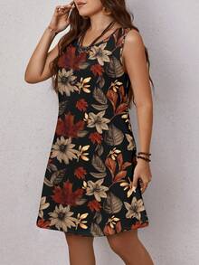 EMERY ROSE 大码女式休闲简约浪漫复古枫叶印花圆领无袖连衣裙，适合夏季，黑色连衣裙 - 彩色 - 查看 9