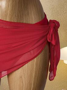 Bellisia 女士纯色圆领短袖上衣和三角裤吊带背心套装，配不对称下摆半身裙 - 紅色 - 查看 5