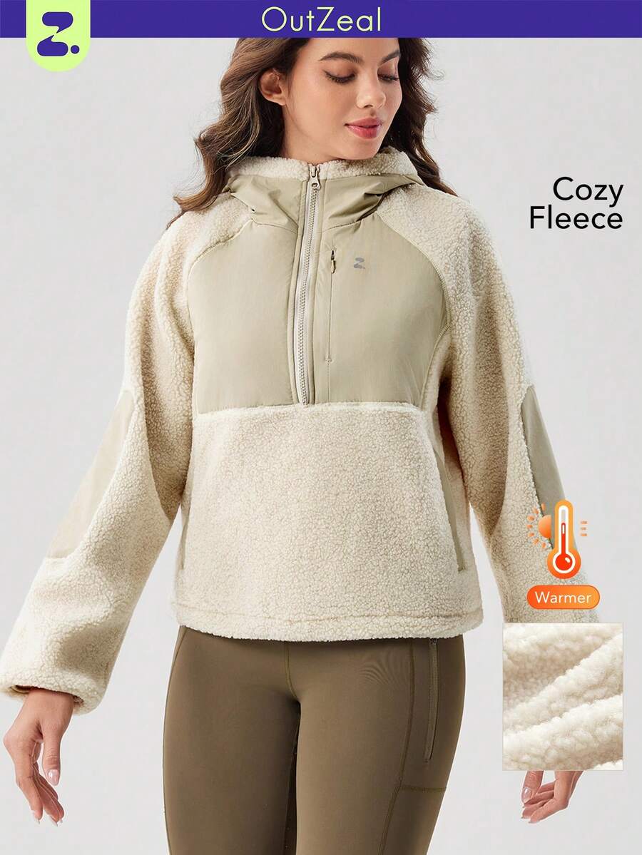 OutZeal Women's Warm Zip-Up Half-Zip Fleece Hooded Jacket For Winter - Beige - View 1