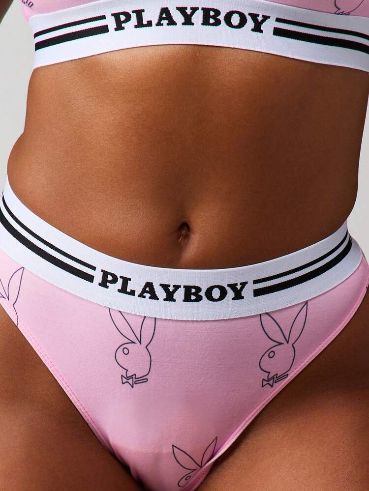 Missguided x Playboy Bunny Print Bralette And Hipster Panty Set Elastic Band Adjustable Straps Lingerie Two Piece Underwear Collection Comfortable Everyday Intimate Wear