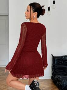 SHEIN EZwear Đầm ngắn lưới dệt kim màu đỏ dành cho nữ, thích hợp cho ngày Valentine. - Đỏ - Xem 2