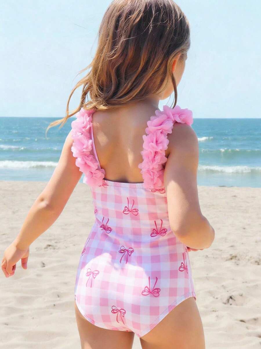 Emery Rose Kids Emery Rose Kids Young Girl Knitted Plaid Pink Bow Print Design 3D Floral One-Piece Swimsuit - Pink - View 1