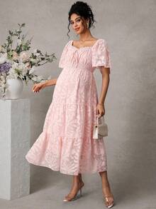 Momance Women's Romantic Elegant Cutout Ruffle Lantern Sleeve A-Line Maternity Dress, Suitable For Beach Vacation, Spring/Summer - Baby Pink - View 1