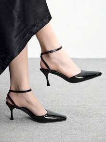 CUCCOO BIZCHIC Women's Pointed Toe Stiletto Heel PU Leather Slip-On Sandals, Fashionable Minimalist Design, Comfortable For Daily, Party And Banquet Wear Valentine's Day - Black - View 1