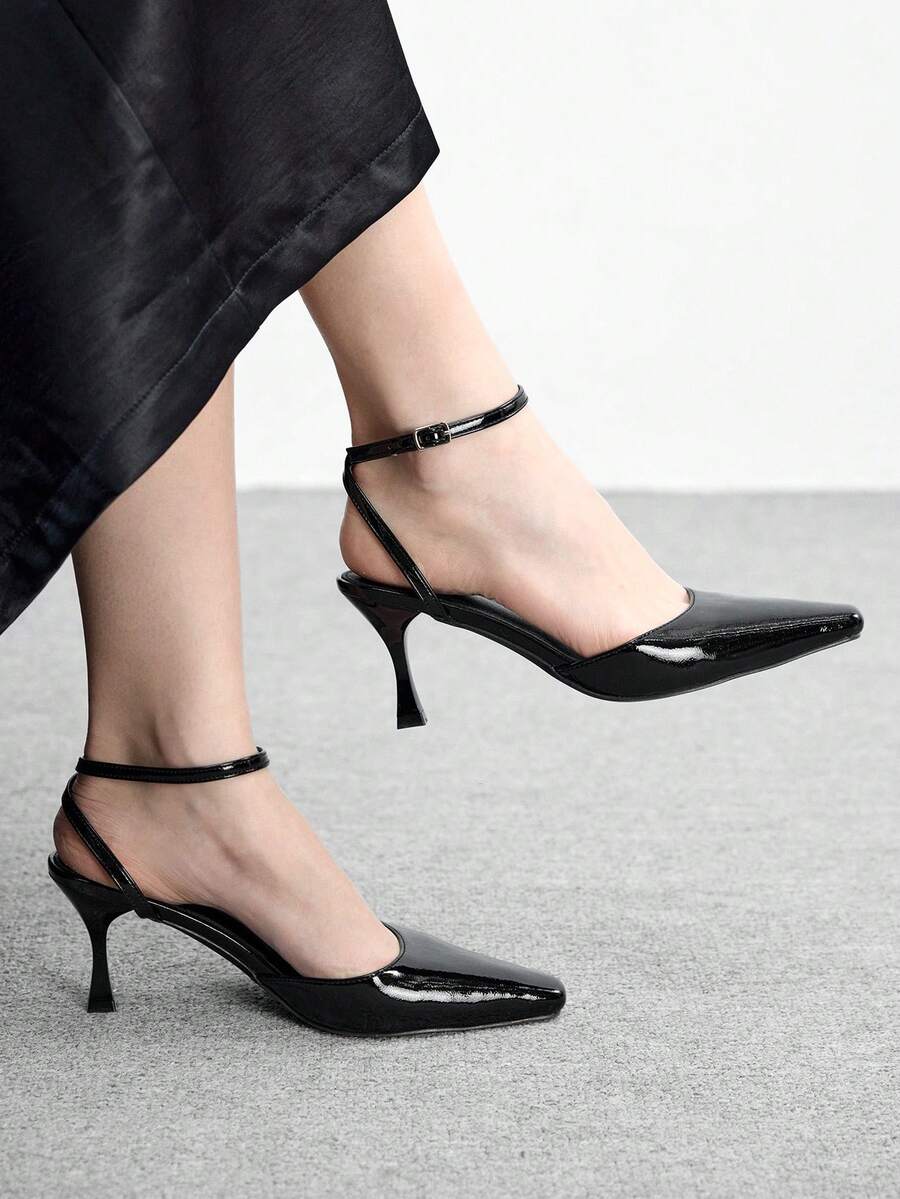 CUCCOO BIZCHIC Women's Pointed Toe Stiletto Heel PU Leather Slip-On Sandals, Fashionable Minimalist Design, Comfortable For Daily, Party And Banquet Wear Valentine's Day - Black - View 1