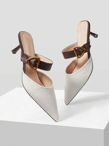 Mnmlis Ladies Sexy Pointed Toe Buckle Contrasting Color Stiletto Word With Commuter Women's High Heel Shoes Valentine's Day - Coffee Brown - View 5
