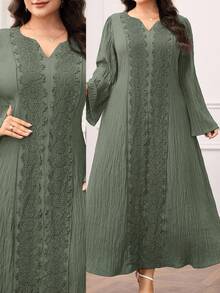 Al Najma Đầm dài tay kiểu Ả Rập tối giản, màu trơn, cỡ lớn - màu xanh lá - Xem 7