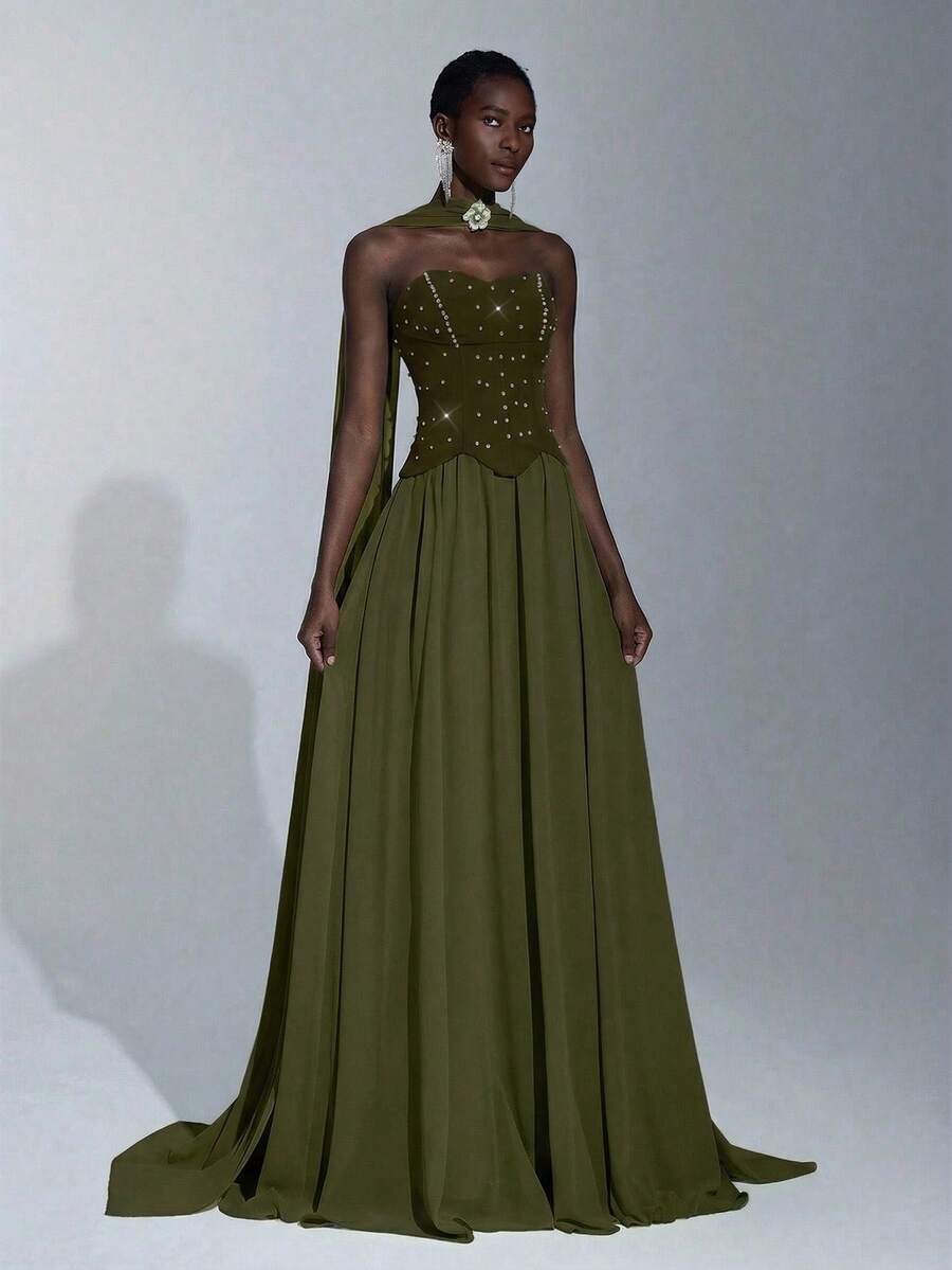 Elitara Elegant Luxurious Handmade Rhinestone Decor Strapless Flowy Patchwork Elastic Knit & Chiffon Maxi Dress For Weddings,Events,Galas,Formal Occasions - Army Green - View 1
