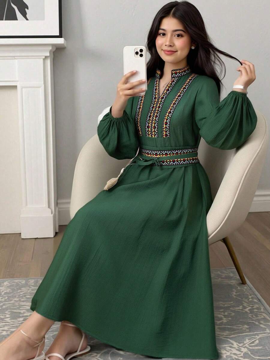 SHEIN Teen Girl Casual Vacation V-Neck Lantern Sleeve Ribbon Decor Dress, Solid Color With Belt, Olive Green Teen Green Dress Modest Green Dress Embroidered Long Dress Bohemian Green Dress Green Long Sleeve Dress - Dark Green - View 1