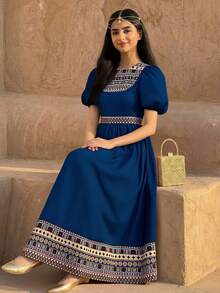 少女休闲度假几何提花拼接泡泡袖褶皱喇叭下摆公主裙，海军蓝 - 寶藍色 - 查看 2