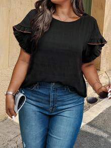 SHEIN LUNE Black Plus-Size Blouse - Crew Neck, Ruffled Puff Sleeves, Contrast Trim & Textured Fabric, Fashionable Casual Spring & Summer Shirt - Black - View 1