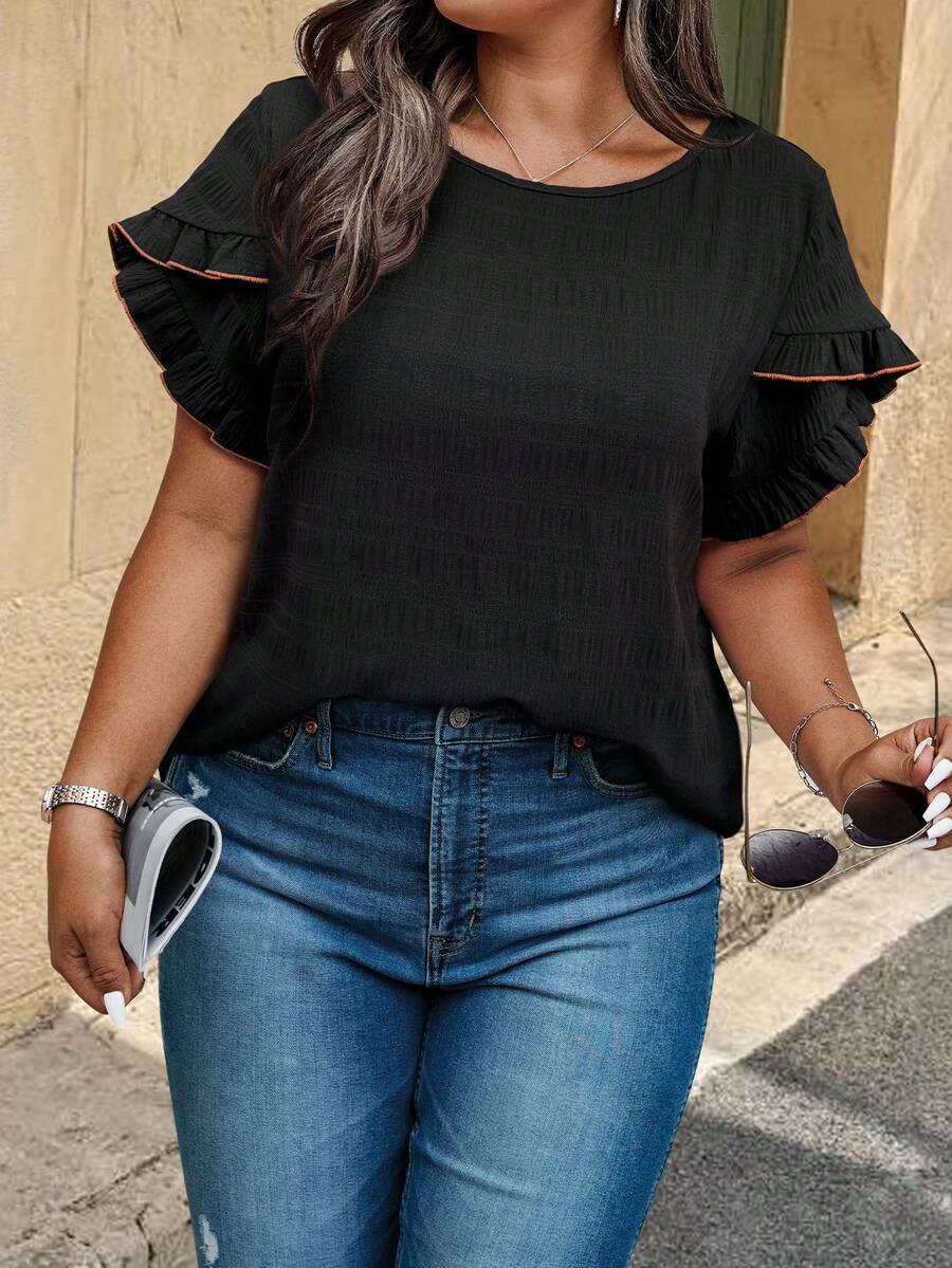 SHEIN LUNE Black Plus-Size Blouse - Crew Neck, Ruffled Puff Sleeves, Contrast Trim & Textured Fabric, Fashionable Casual Spring & Summer Shirt - Black - View 1