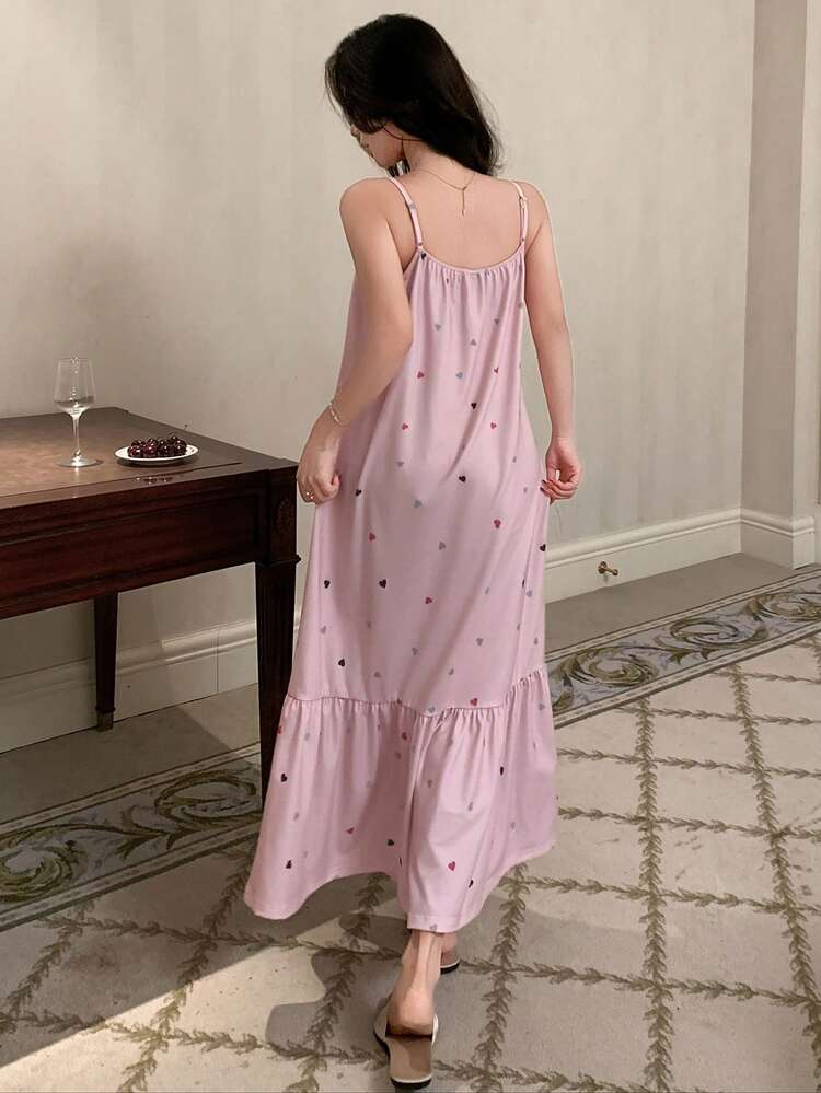 Heart Print Sleeveless Ruffle Hem Midi Nightgown For Women