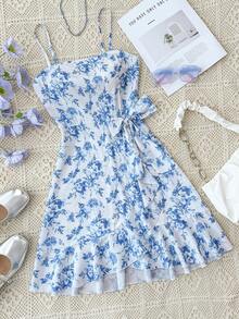 SHEIN 少女蓝色碎花无袖休闲荷叶边短款飘逸A字度假连衣裙，夏季服装，沙滩，假日，太阳裙，波西米亚风，海滩度假装扮 - 藍色 - 查看 8