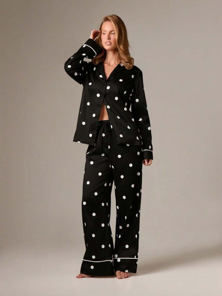 Polka Dot Button Front Pajama Set With Piping