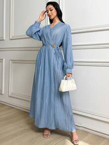 保守休闲纯色灯笼袖阿拉伯风格女式连衣裙 - 藍色 - 查看 6