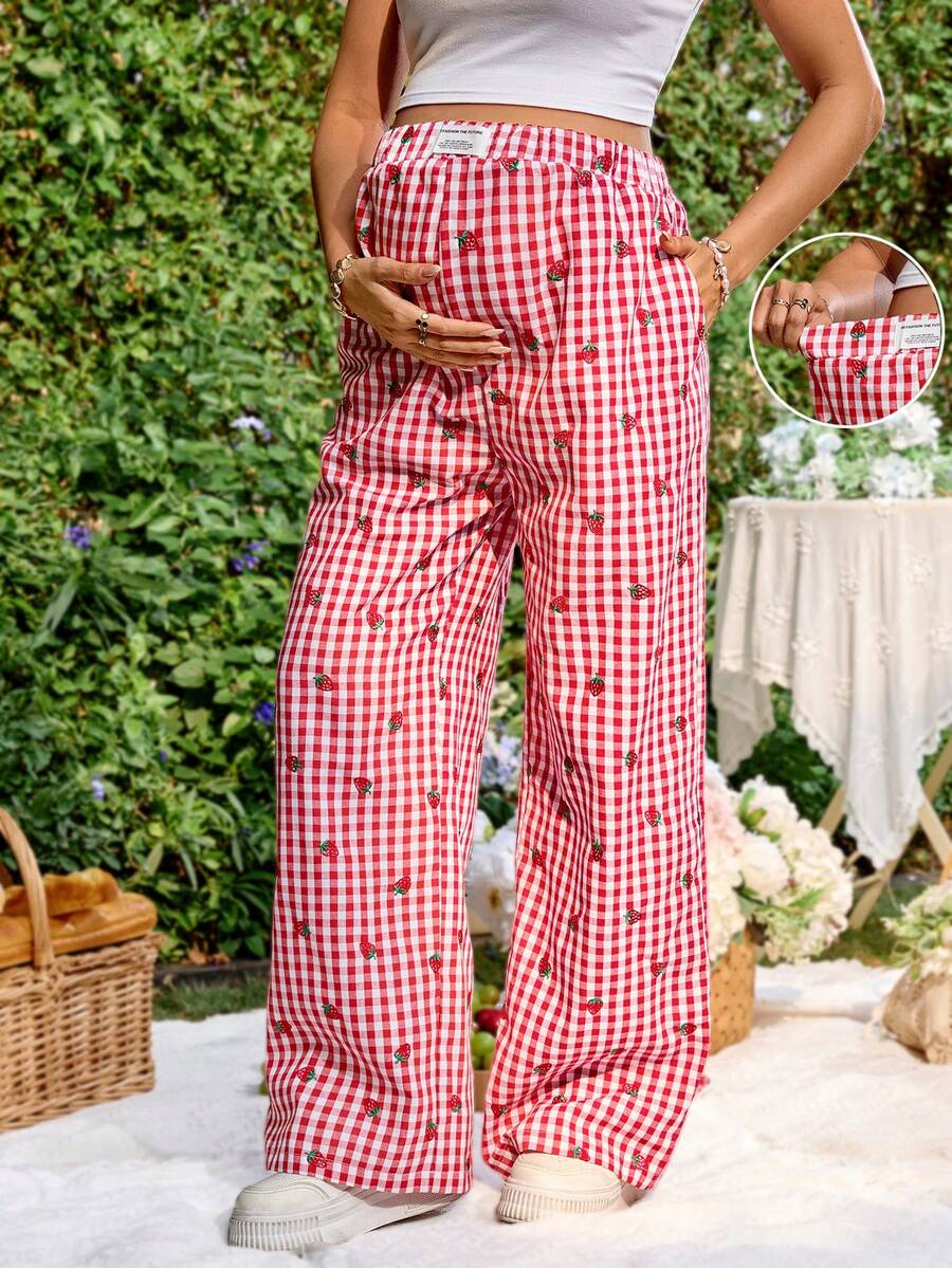 SHEIN 孕妇休闲格子草莓刺绣裤 - 紅色 - 查看 1