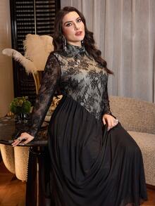 Modelyn Plus Size Women Long Lace & Polyester Blend Dress - Black - View 4