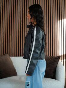SAYEHFBABY Veste courte zippée sur le côté rayée pour un port quotidien, style rétro délavé, parfaite pour la rentrée en automne/hiver - Noir - Voir 6